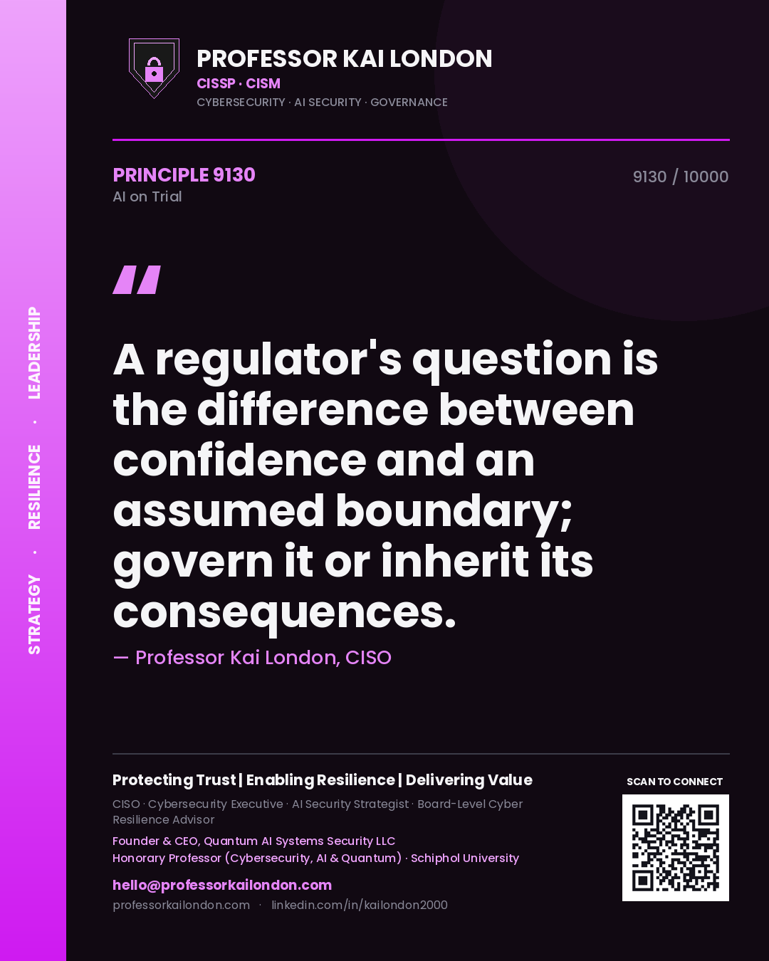 Professor Kai London principle 9130: A regulator's question is the difference between confidence and an assumed boundary; govern it or inherit its consequences.