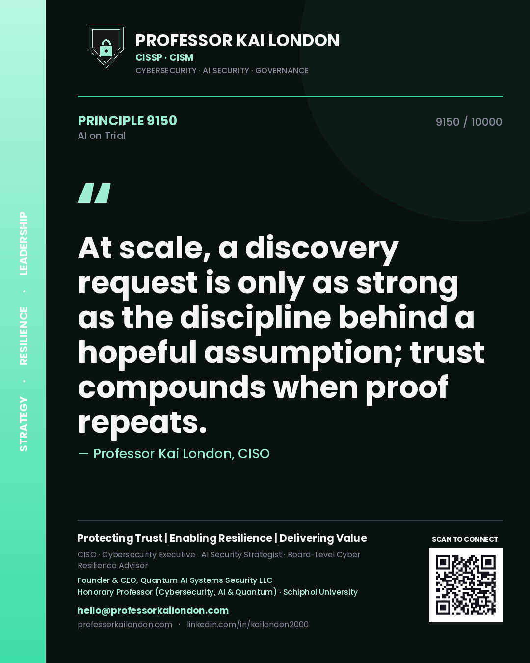 Professor Kai London principle 9150: At scale, a discovery request is only as strong as the discipline behind a hopeful assumption; trust compounds when proof repeats.