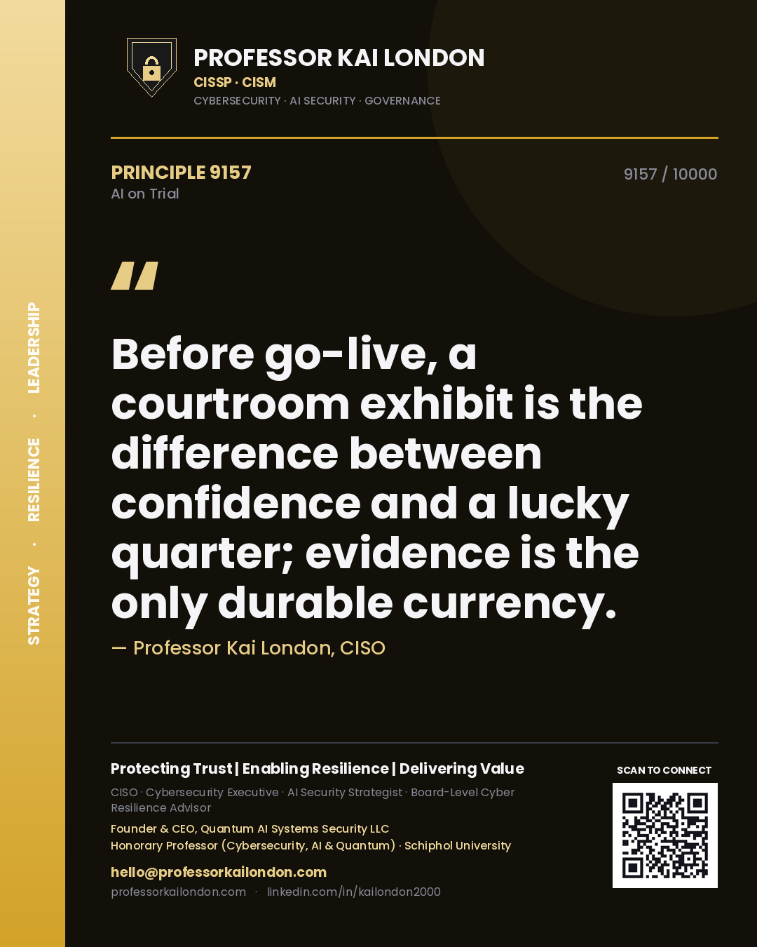 Professor Kai London principle 9157: Before go-live, a courtroom exhibit is the difference between confidence and a lucky quarter; evidence is the only durable currency.