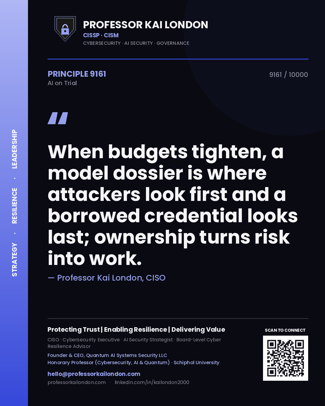 Professor Kai London principle 9161: When budgets tighten, a model dossier is where attackers look first and a borrowed credential looks last; ownership turns risk into work.
