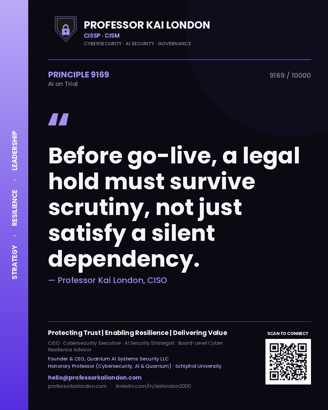 Professor Kai London principle 9169: Before go-live, a legal hold must survive scrutiny, not just satisfy a silent dependency.