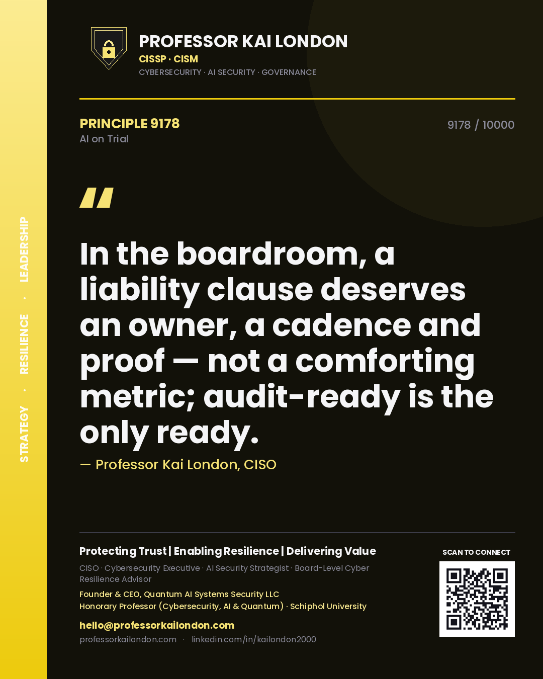Professor Kai London principle 9178: In the boardroom, a liability clause deserves an owner, a cadence and proof — not a comforting metric; audit-ready is the only ready.