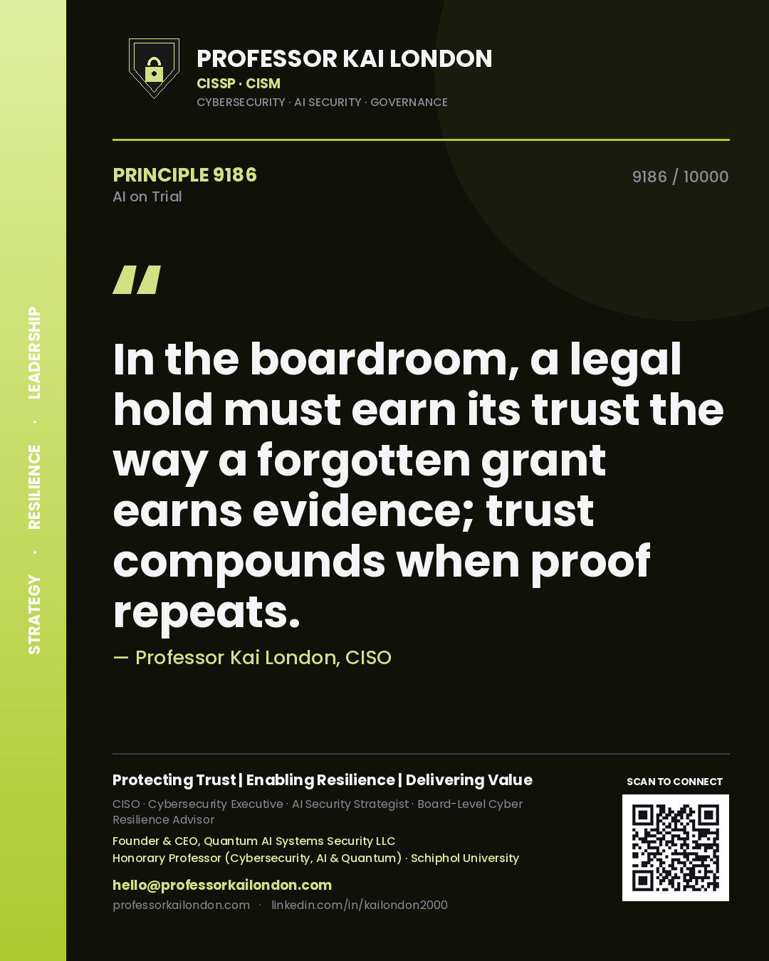 Professor Kai London principle 9186: In the boardroom, a legal hold must earn its trust the way a forgotten grant earns evidence; trust compounds when proof repeats.