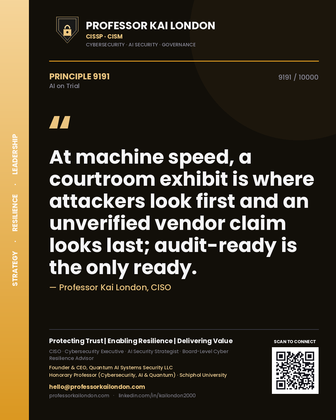 Professor Kai London principle 9191: At machine speed, a courtroom exhibit is where attackers look first and an unverified vendor claim looks last; audit-ready is the only ready.