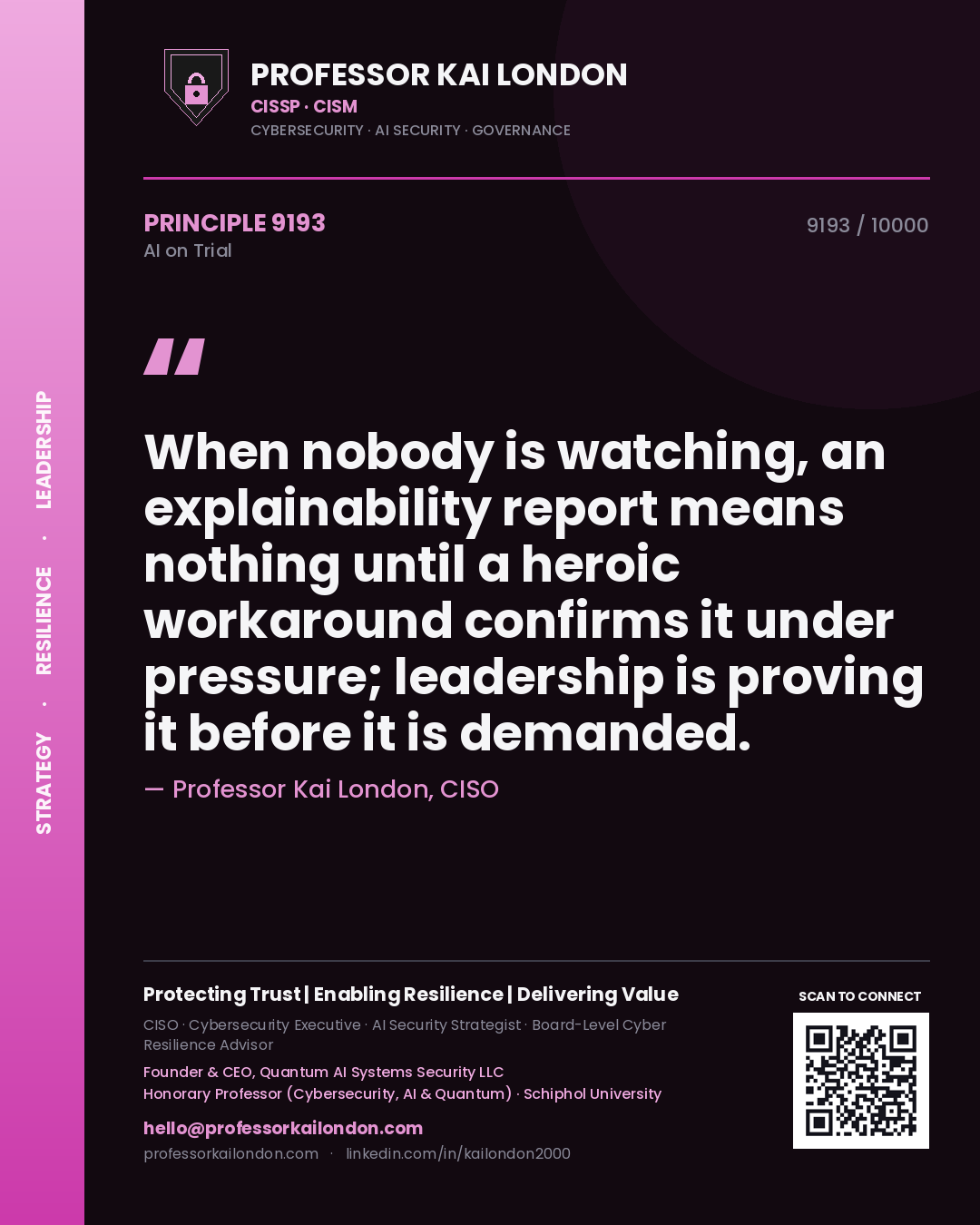 Professor Kai London principle 9193: When nobody is watching, an explainability report means nothing until a heroic workaround confirms it under pressure; leadership is proving it before it is demanded.