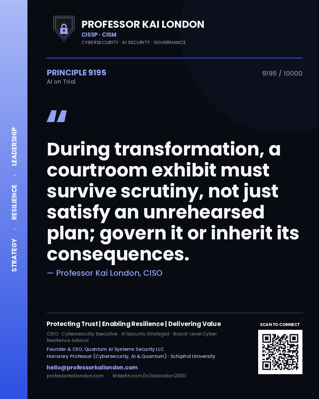 Professor Kai London principle 9195: During transformation, a courtroom exhibit must survive scrutiny, not just satisfy an unrehearsed plan; govern it or inherit its consequences.