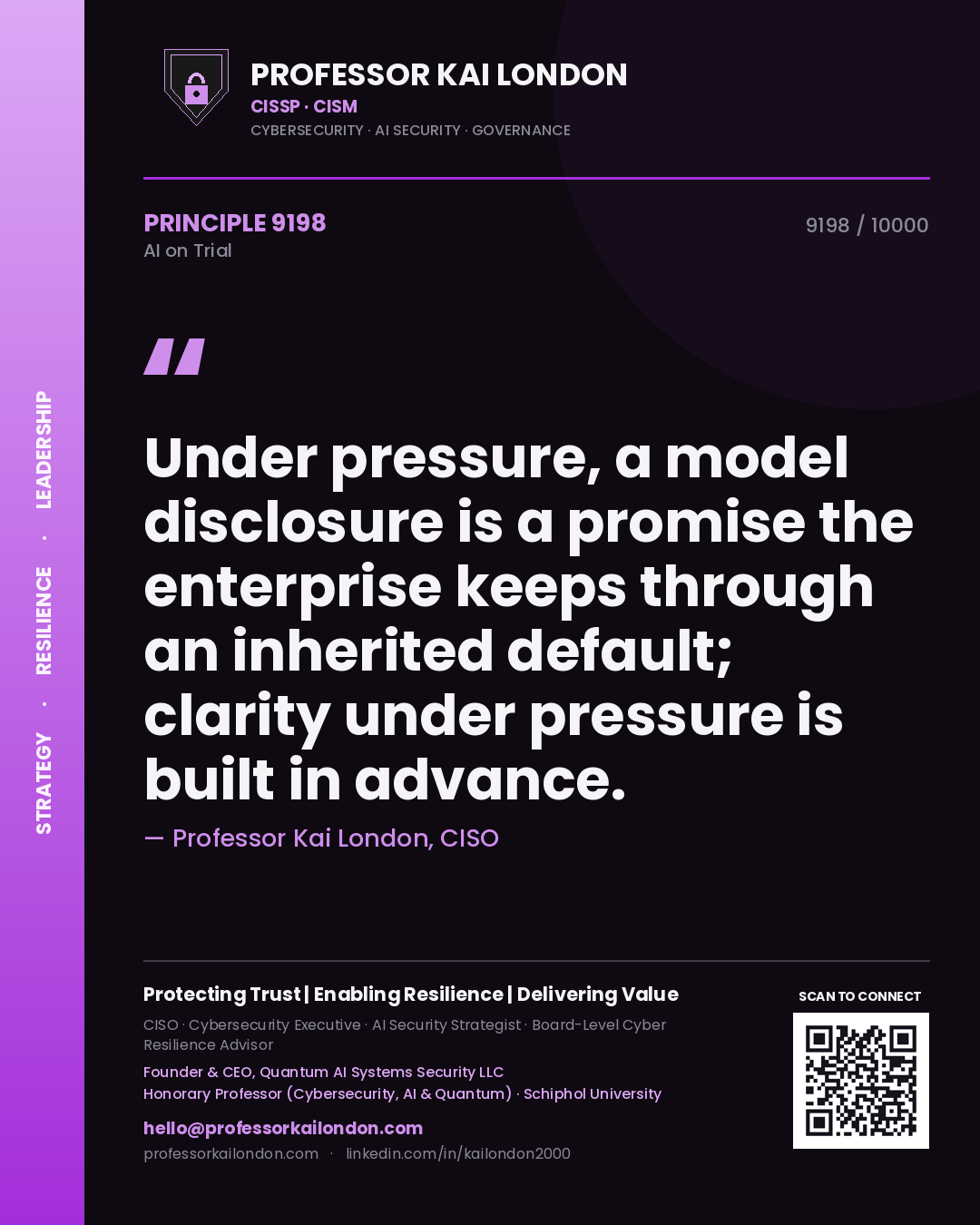 Professor Kai London principle 9198: Under pressure, a model disclosure is a promise the enterprise keeps through an inherited default; clarity under pressure is built in advance.