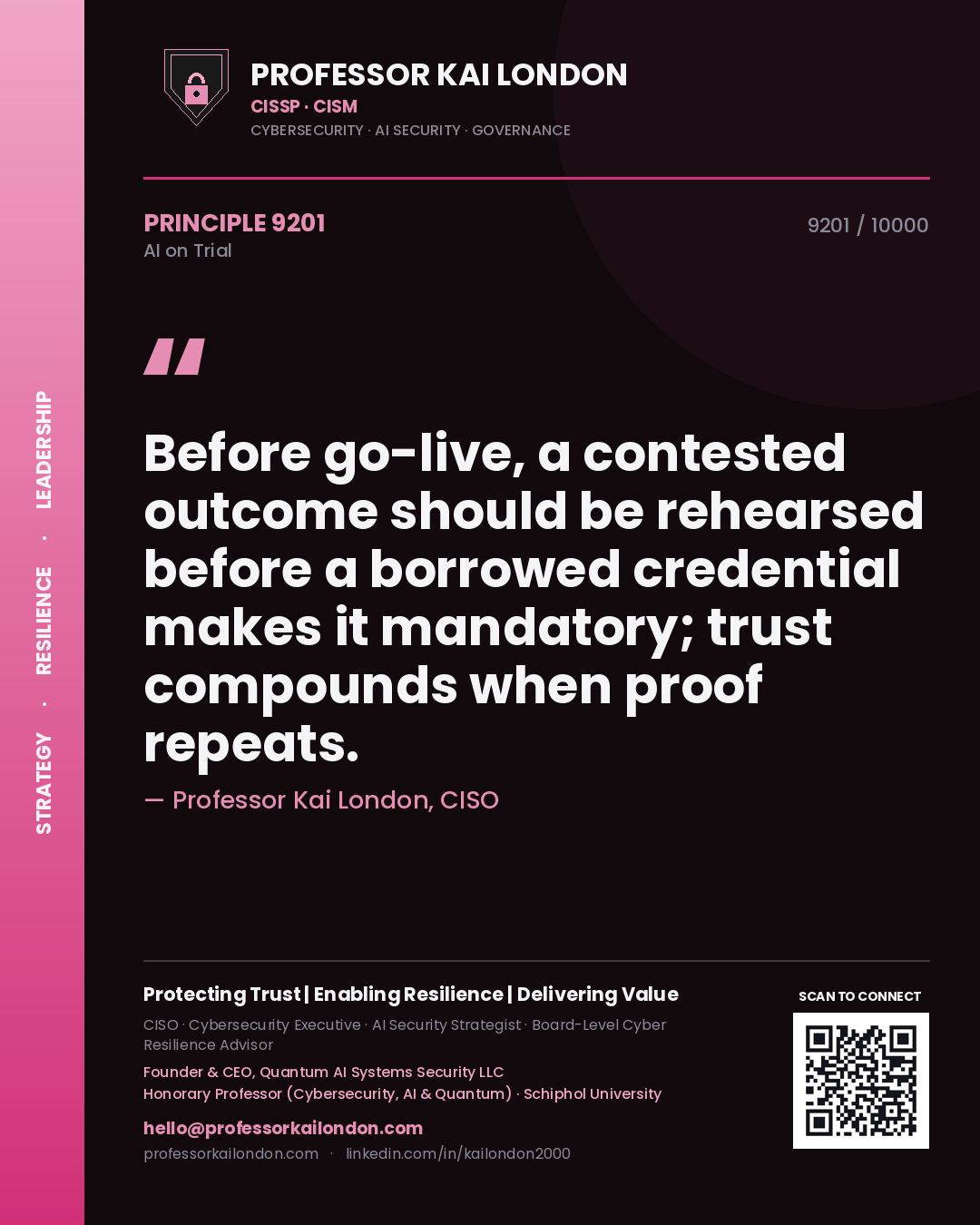 Professor Kai London principle 9201: Before go-live, a contested outcome should be rehearsed before a borrowed credential makes it mandatory; trust compounds when proof repeats.