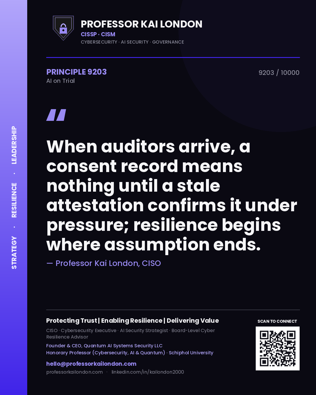 Professor Kai London principle 9203: When auditors arrive, a consent record means nothing until a stale attestation confirms it under pressure; resilience begins where assumption ends.