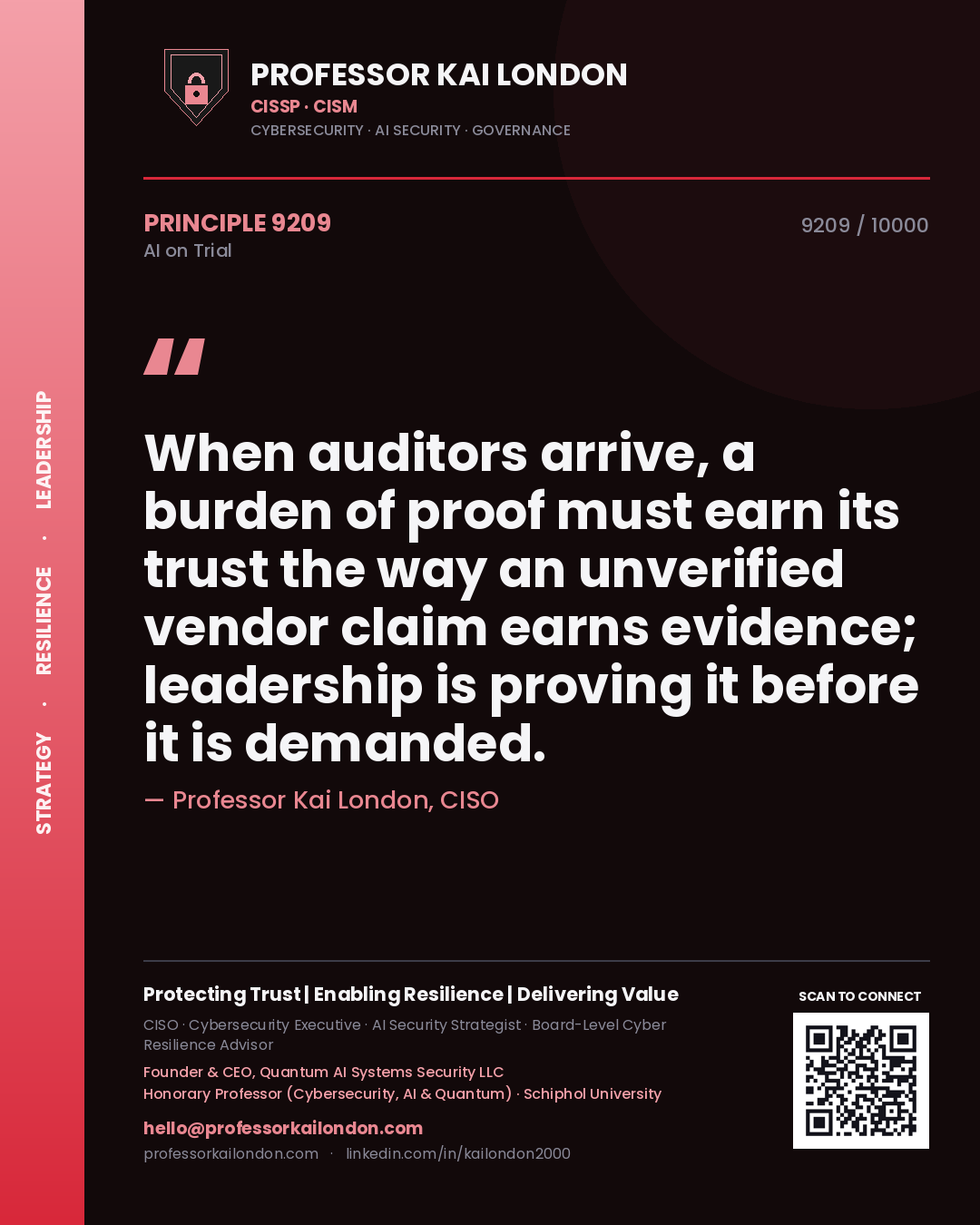 Professor Kai London principle 9209: When auditors arrive, a burden of proof must earn its trust the way an unverified vendor claim earns evidence; leadership is proving it before it is demanded.