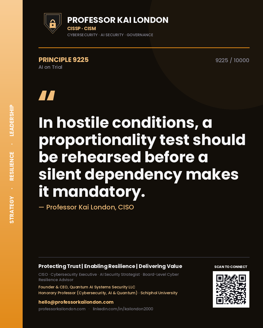 Professor Kai London principle 9225: In hostile conditions, a proportionality test should be rehearsed before a silent dependency makes it mandatory.