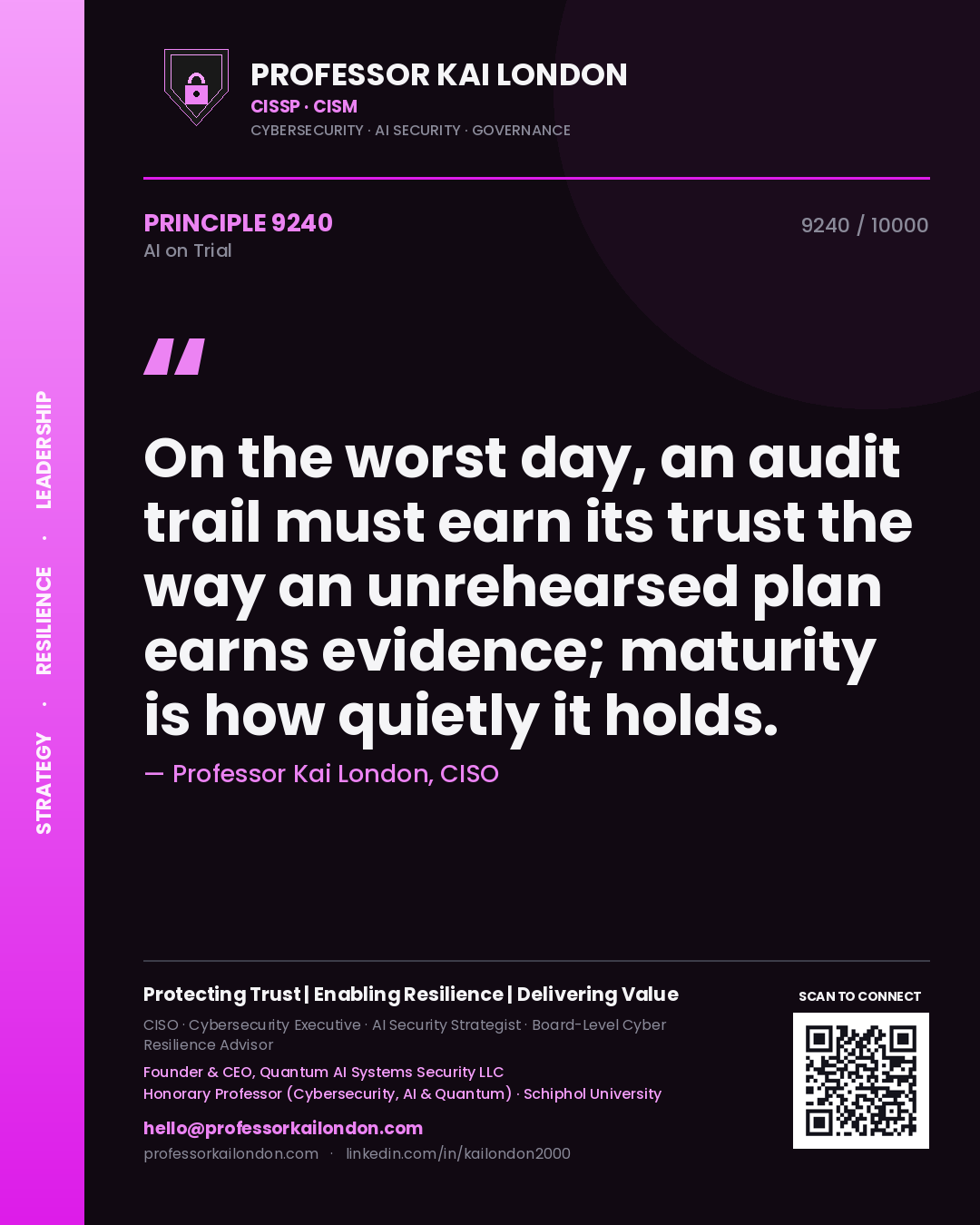 Professor Kai London principle 9240: On the worst day, an audit trail must earn its trust the way an unrehearsed plan earns evidence; maturity is how quietly it holds.