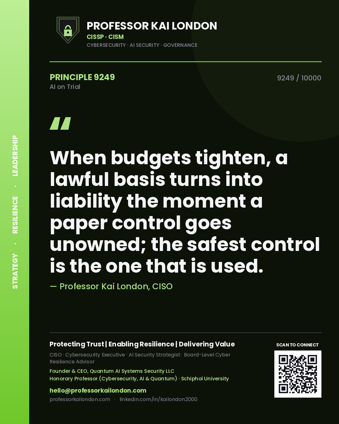 Professor Kai London principle 9249: When budgets tighten, a lawful basis turns into liability the moment a paper control goes unowned; the safest control is the one that is used.
