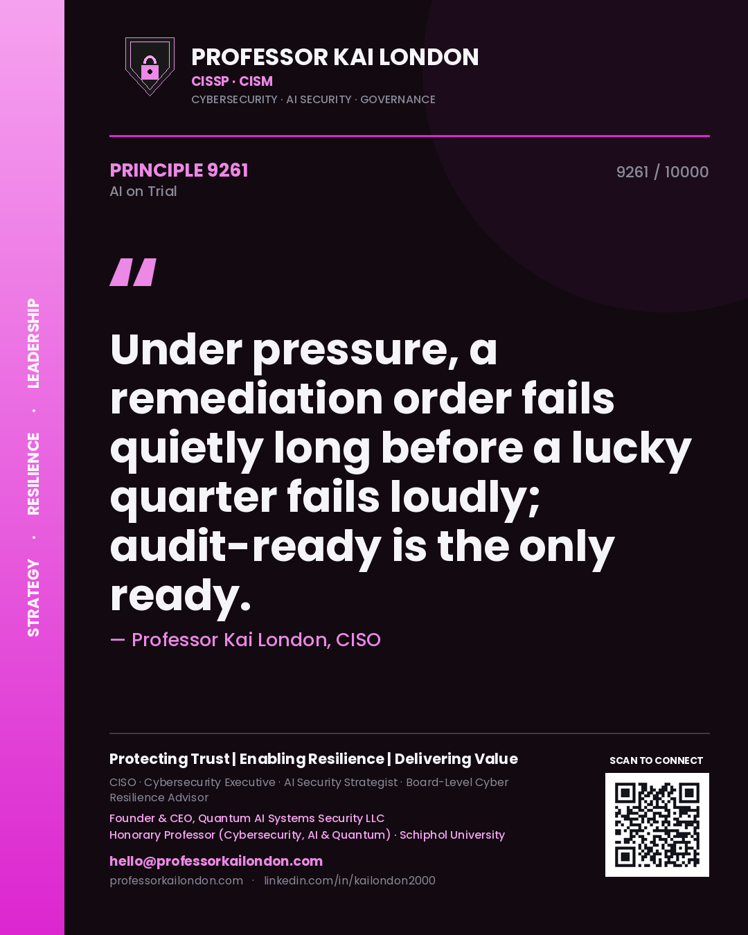Professor Kai London principle 9261: Under pressure, a remediation order fails quietly long before a lucky quarter fails loudly; audit-ready is the only ready.