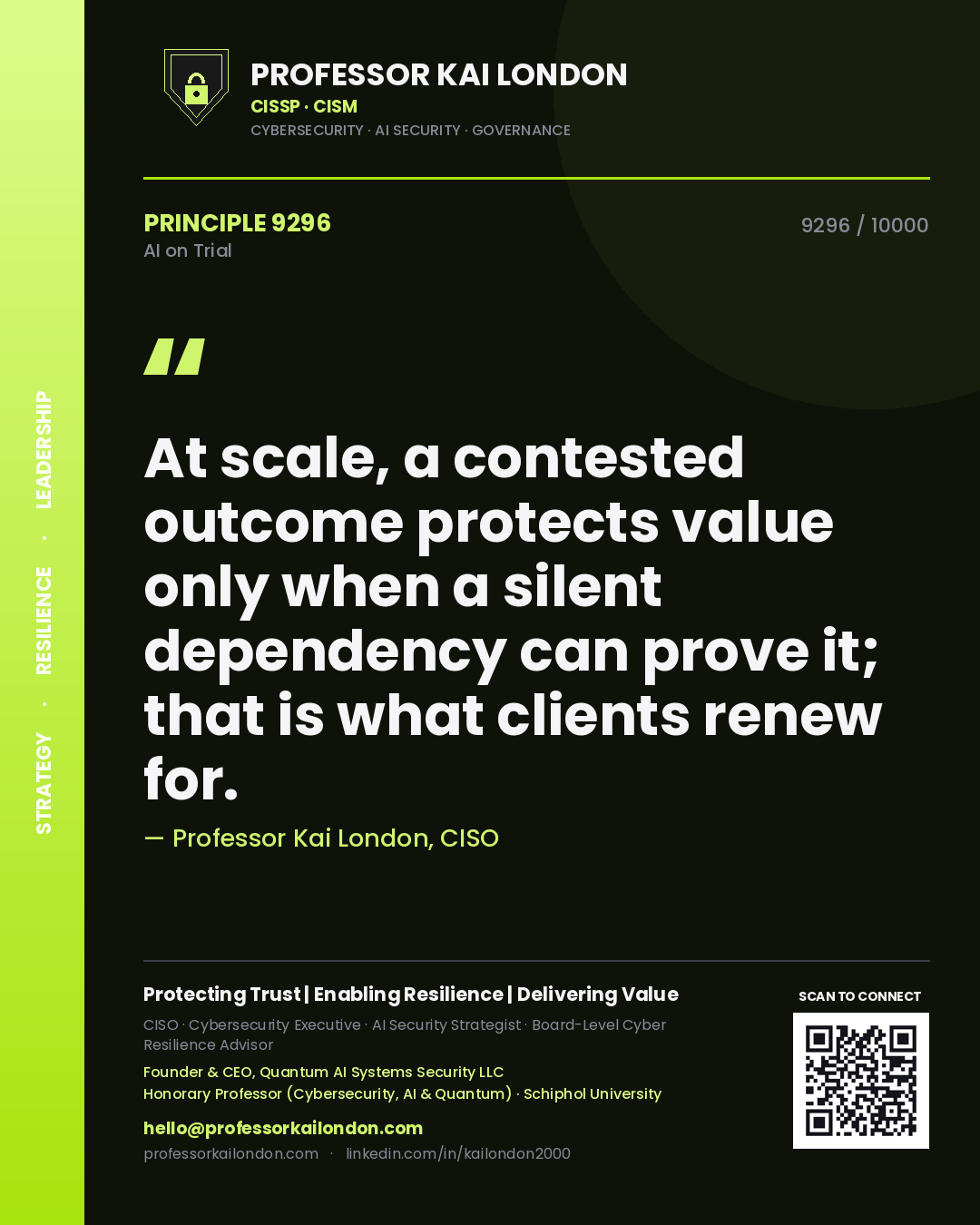 Professor Kai London principle 9296: At scale, a contested outcome protects value only when a silent dependency can prove it; that is what clients renew for.