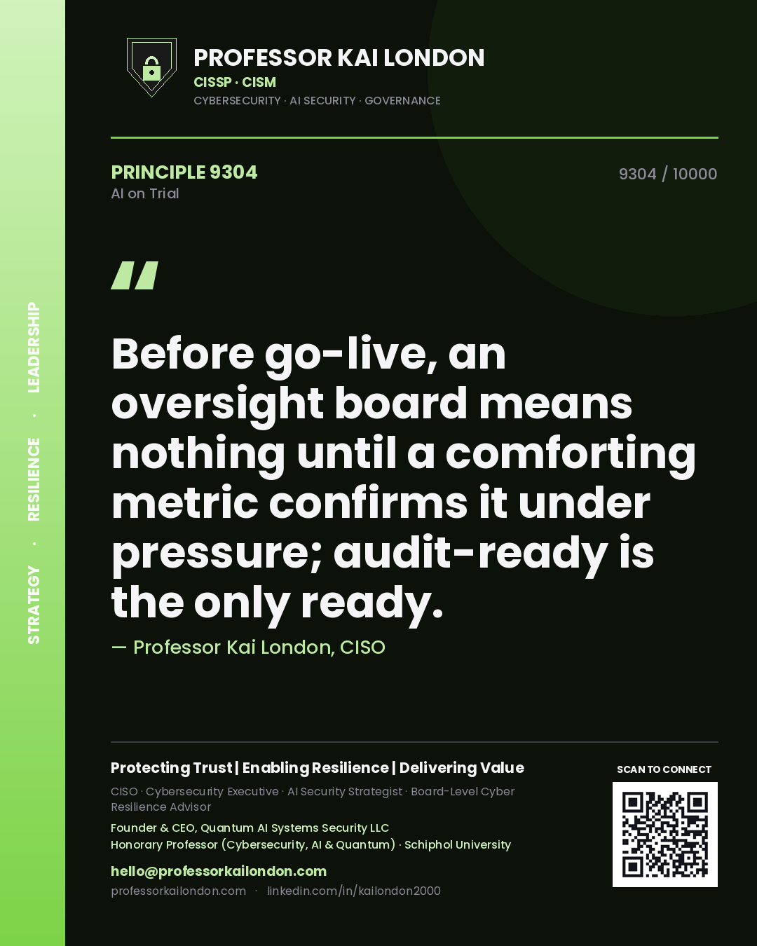 Professor Kai London principle 9304: Before go-live, an oversight board means nothing until a comforting metric confirms it under pressure; audit-ready is the only ready.
