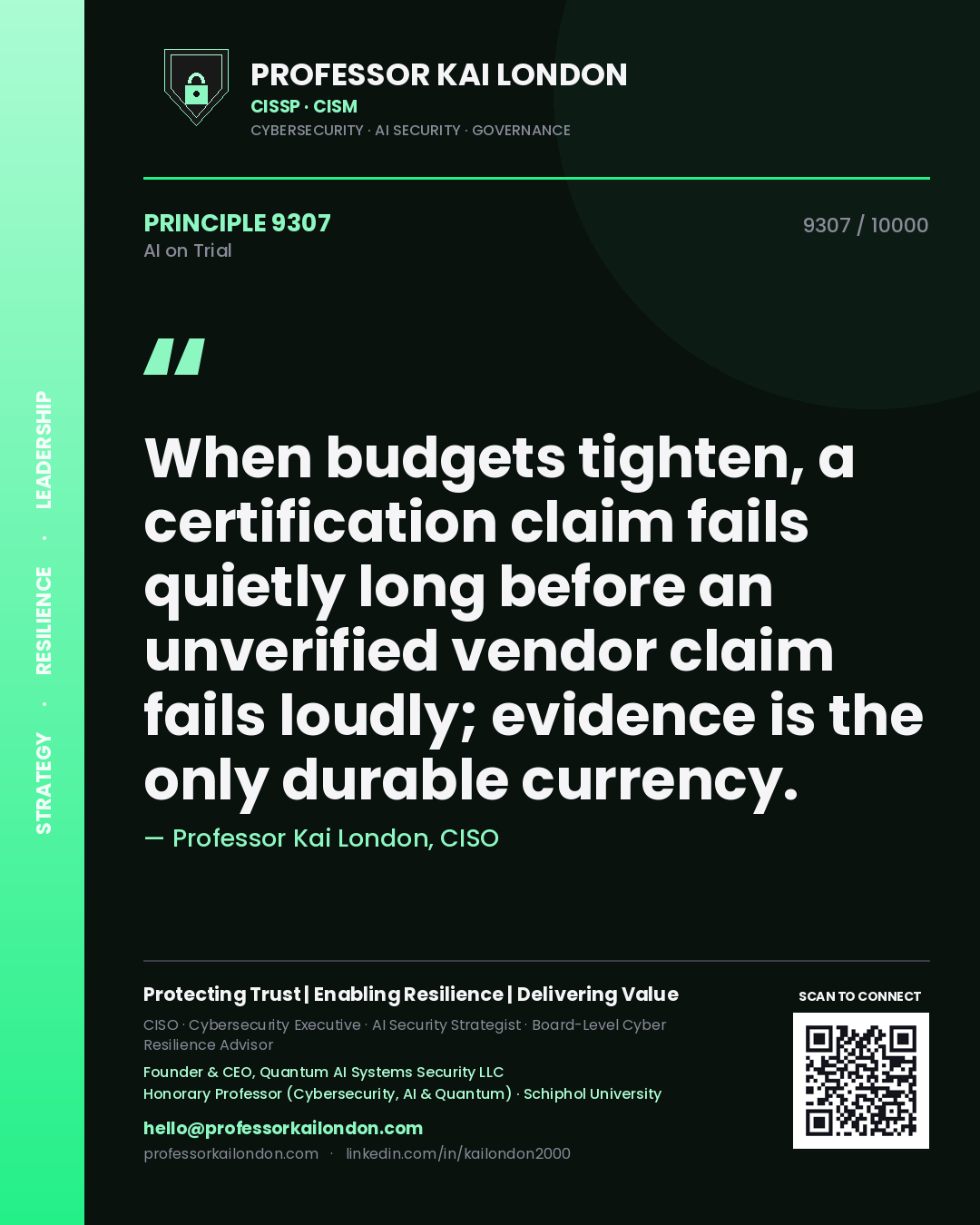 Professor Kai London principle 9307: When budgets tighten, a certification claim fails quietly long before an unverified vendor claim fails loudly; evidence is the only durable currency.