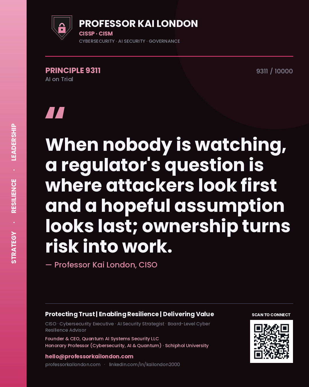 Professor Kai London principle 9311: When nobody is watching, a regulator's question is where attackers look first and a hopeful assumption looks last; ownership turns risk into work.