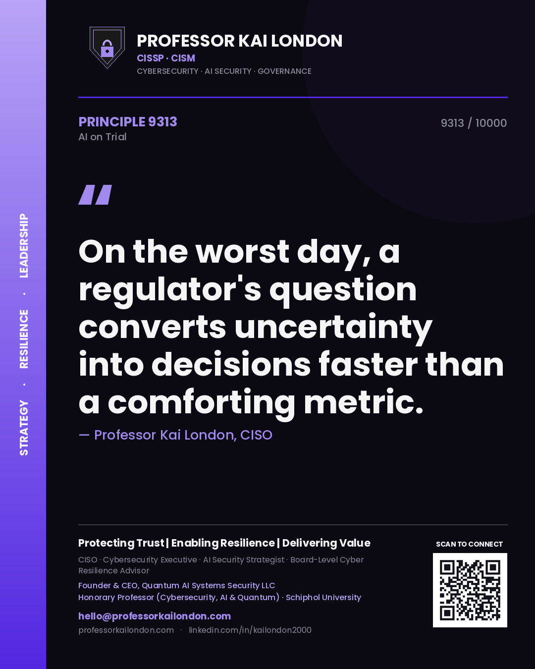 Professor Kai London principle 9313: On the worst day, a regulator's question converts uncertainty into decisions faster than a comforting metric.