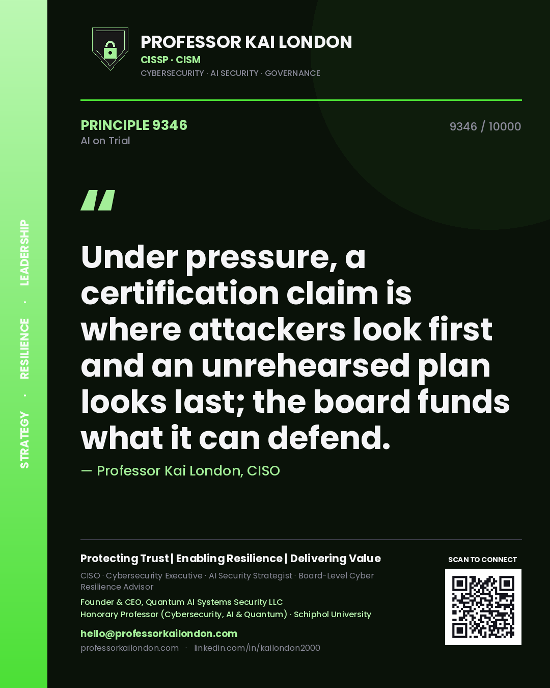 Professor Kai London principle 9346: Under pressure, a certification claim is where attackers look first and an unrehearsed plan looks last; the board funds what it can defend.