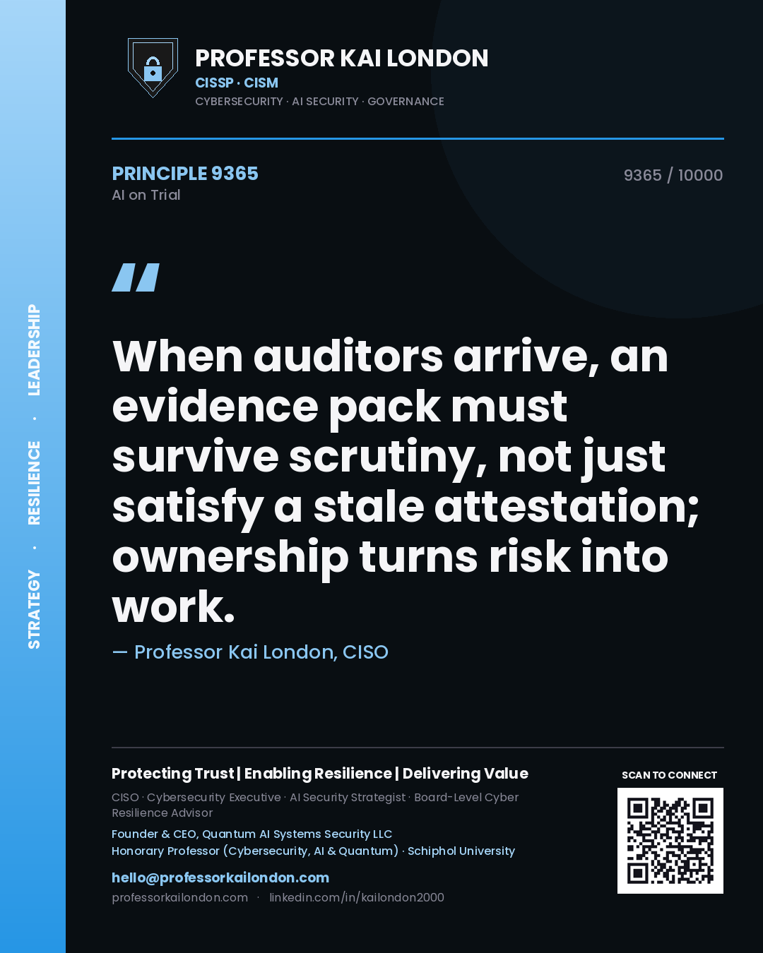 Professor Kai London principle 9365: When auditors arrive, an evidence pack must survive scrutiny, not just satisfy a stale attestation; ownership turns risk into work.