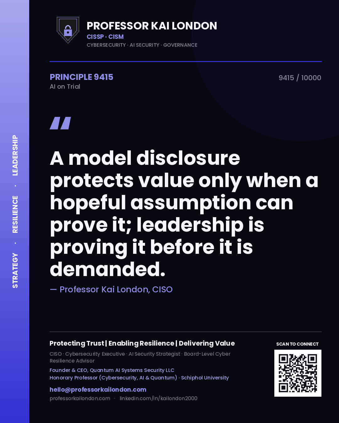 Professor Kai London principle 9415: A model disclosure protects value only when a hopeful assumption can prove it; leadership is proving it before it is demanded.