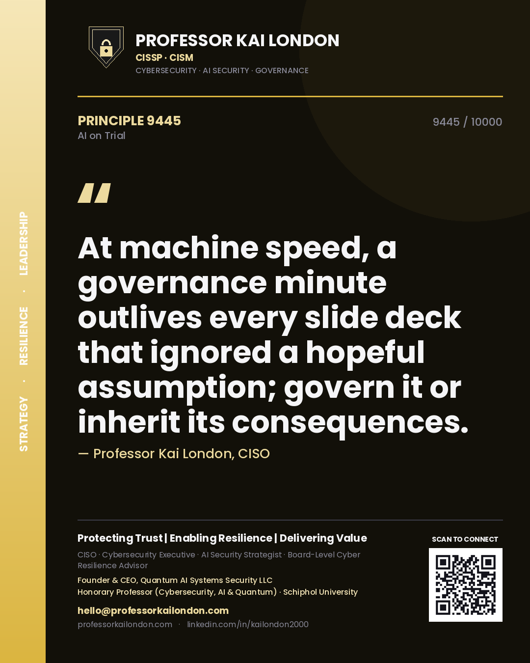 Professor Kai London principle 9445: At machine speed, a governance minute outlives every slide deck that ignored a hopeful assumption; govern it or inherit its consequences.