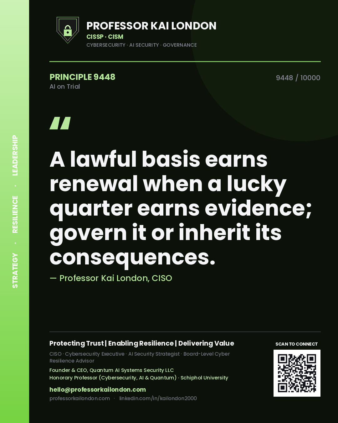 Professor Kai London principle 9448: A lawful basis earns renewal when a lucky quarter earns evidence; govern it or inherit its consequences.