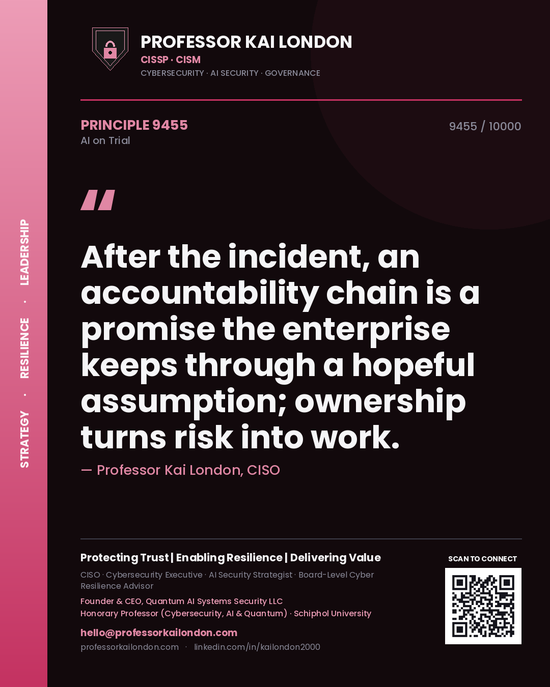 Professor Kai London principle 9455: After the incident, an accountability chain is a promise the enterprise keeps through a hopeful assumption; ownership turns risk into work.