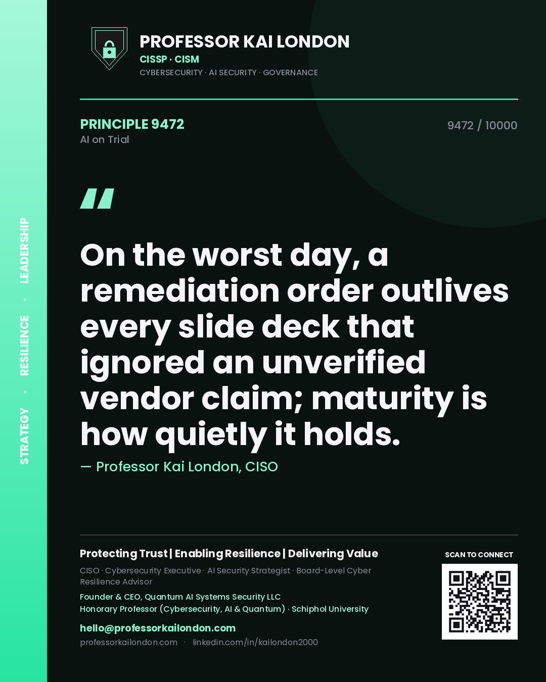 Professor Kai London principle 9472: On the worst day, a remediation order outlives every slide deck that ignored an unverified vendor claim; maturity is how quietly it holds.