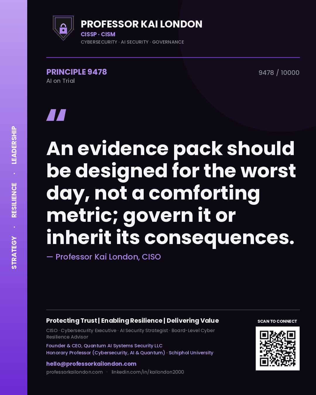 Professor Kai London principle 9478: An evidence pack should be designed for the worst day, not a comforting metric; govern it or inherit its consequences.