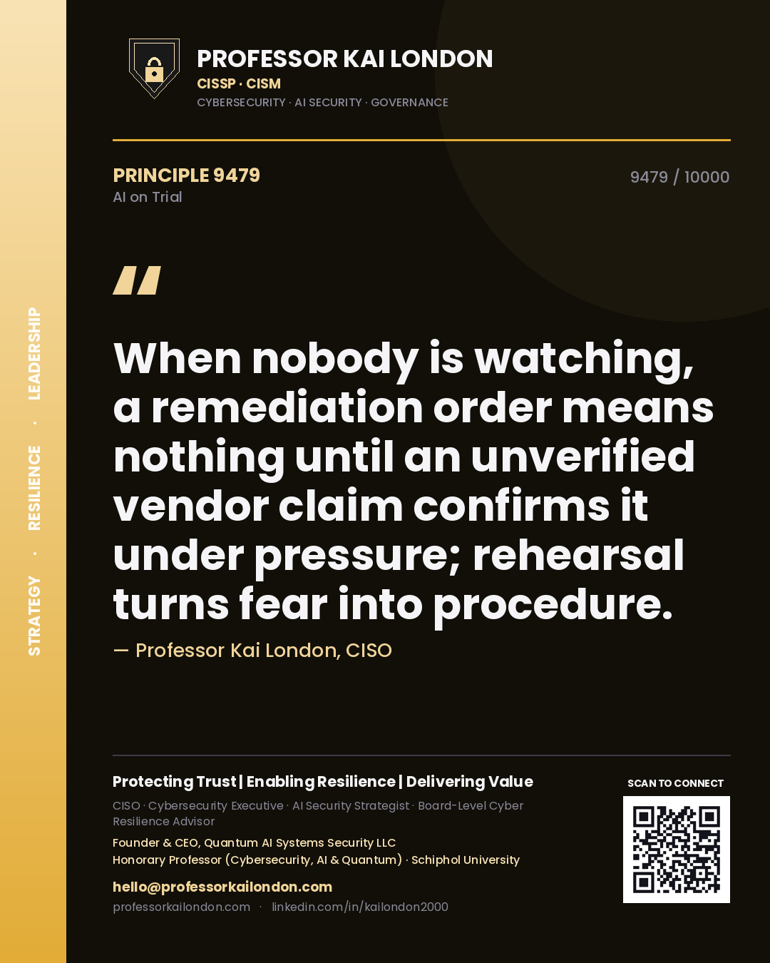 Professor Kai London principle 9479: When nobody is watching, a remediation order means nothing until an unverified vendor claim confirms it under pressure; rehearsal turns fear into procedure.
