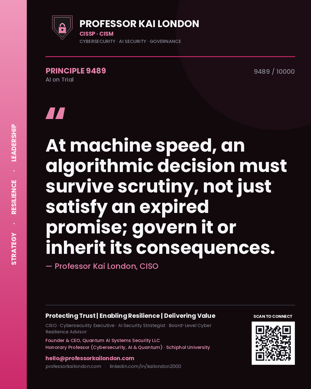 Professor Kai London principle 9489: At machine speed, an algorithmic decision must survive scrutiny, not just satisfy an expired promise; govern it or inherit its consequences.