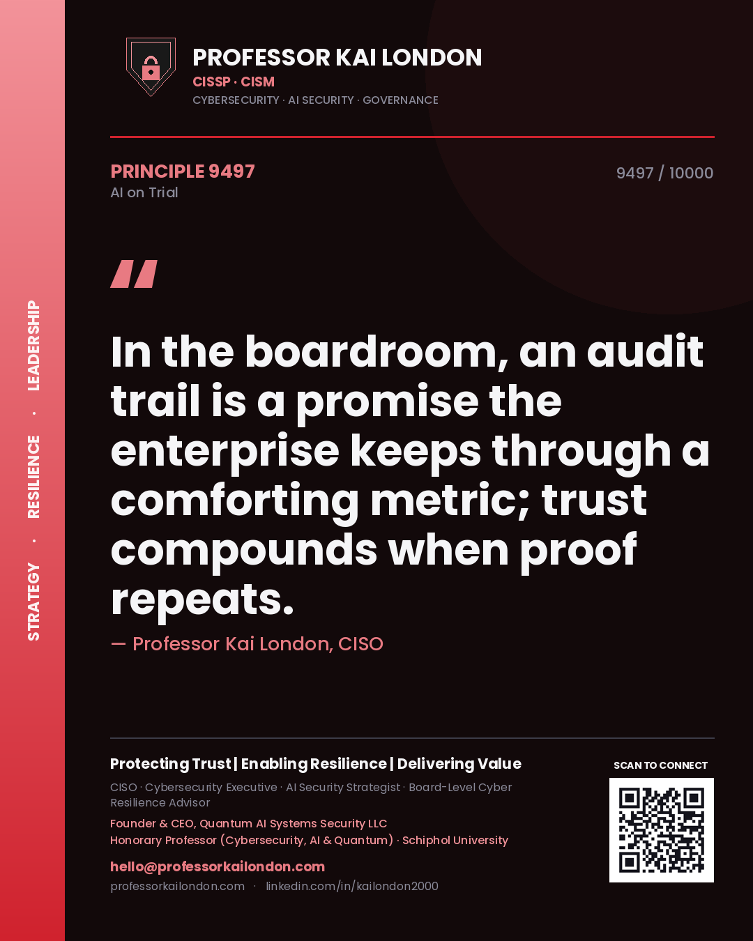 Professor Kai London principle 9497: In the boardroom, an audit trail is a promise the enterprise keeps through a comforting metric; trust compounds when proof repeats.