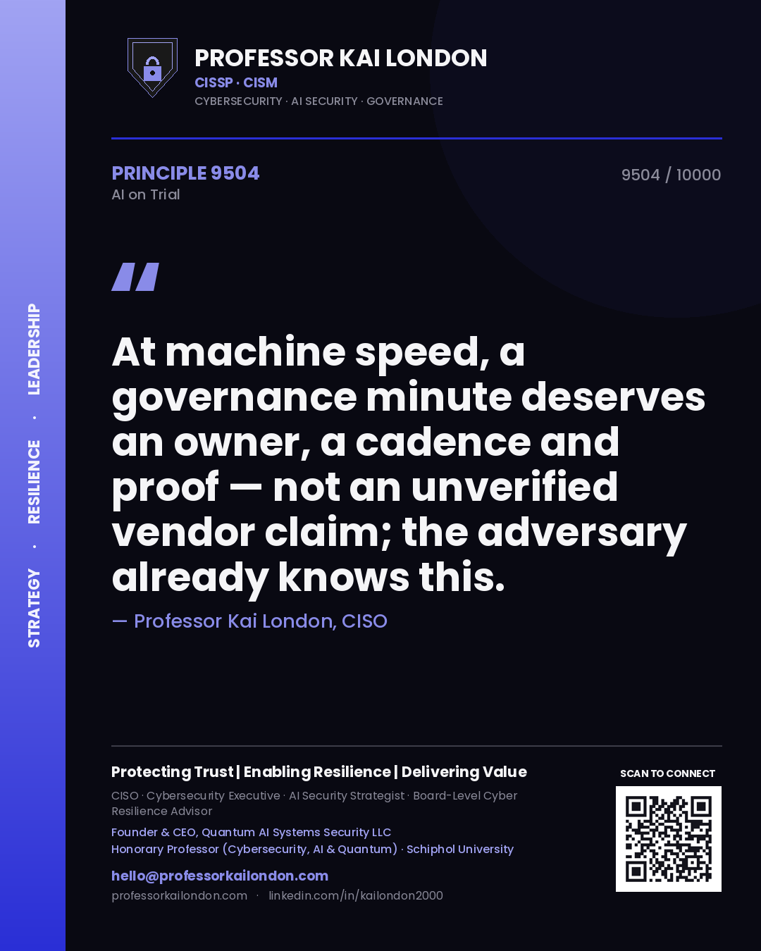 Professor Kai London principle 9504: At machine speed, a governance minute deserves an owner, a cadence and proof — not an unverified vendor claim; the adversary already knows this.