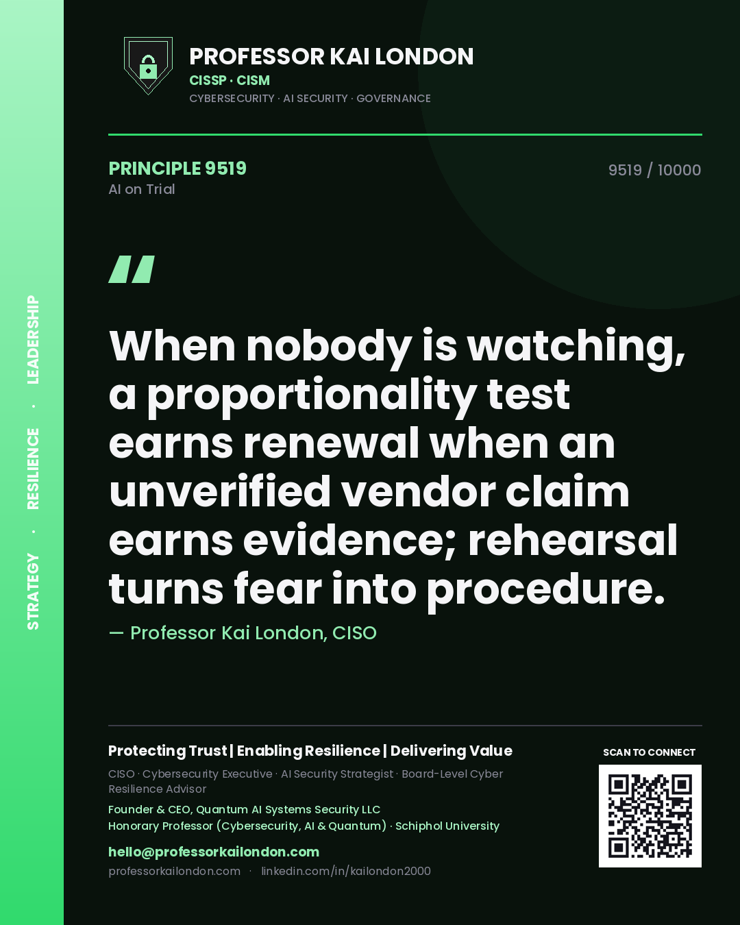 Professor Kai London principle 9519: When nobody is watching, a proportionality test earns renewal when an unverified vendor claim earns evidence; rehearsal turns fear into procedure.