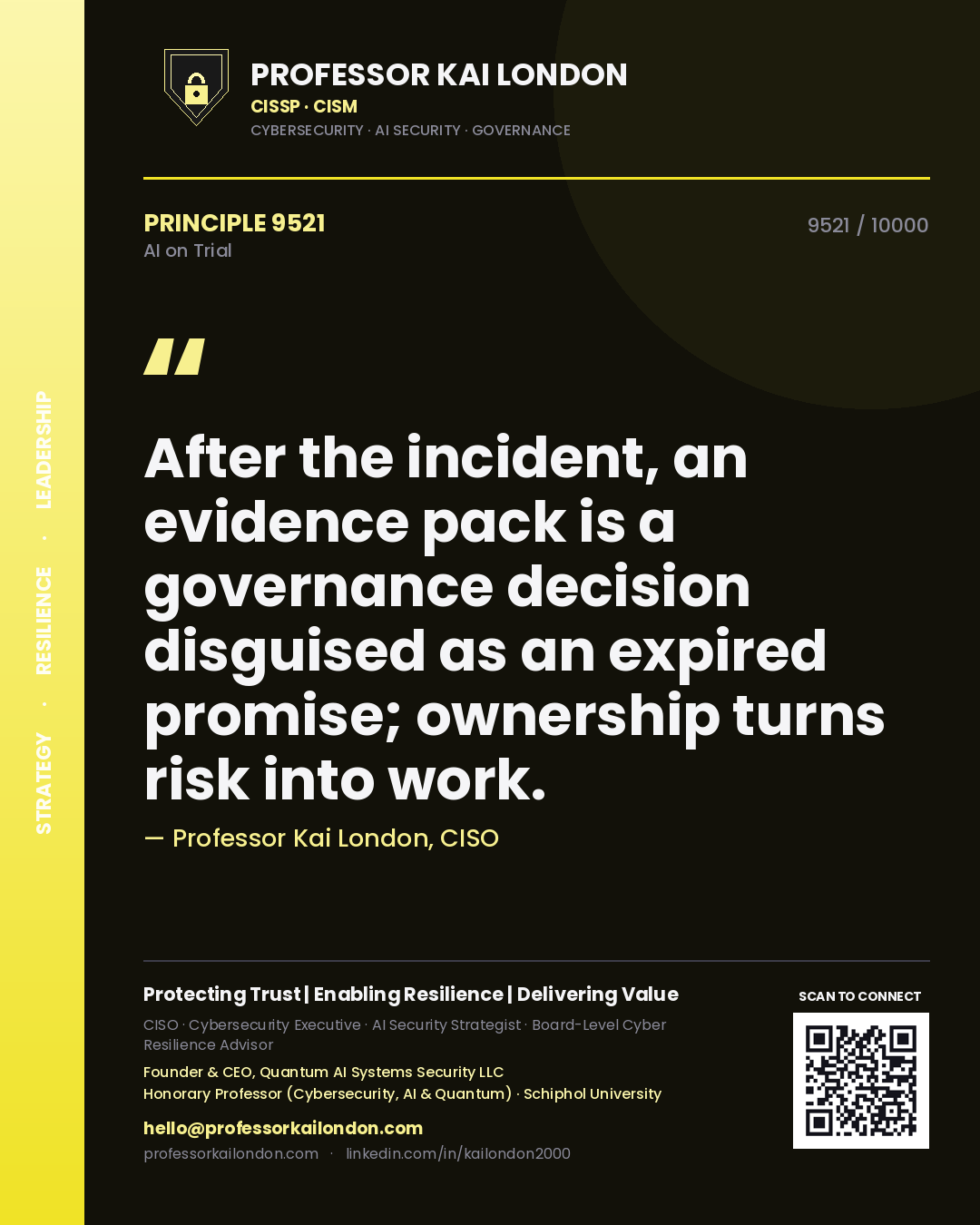 Professor Kai London principle 9521: After the incident, an evidence pack is a governance decision disguised as an expired promise; ownership turns risk into work.