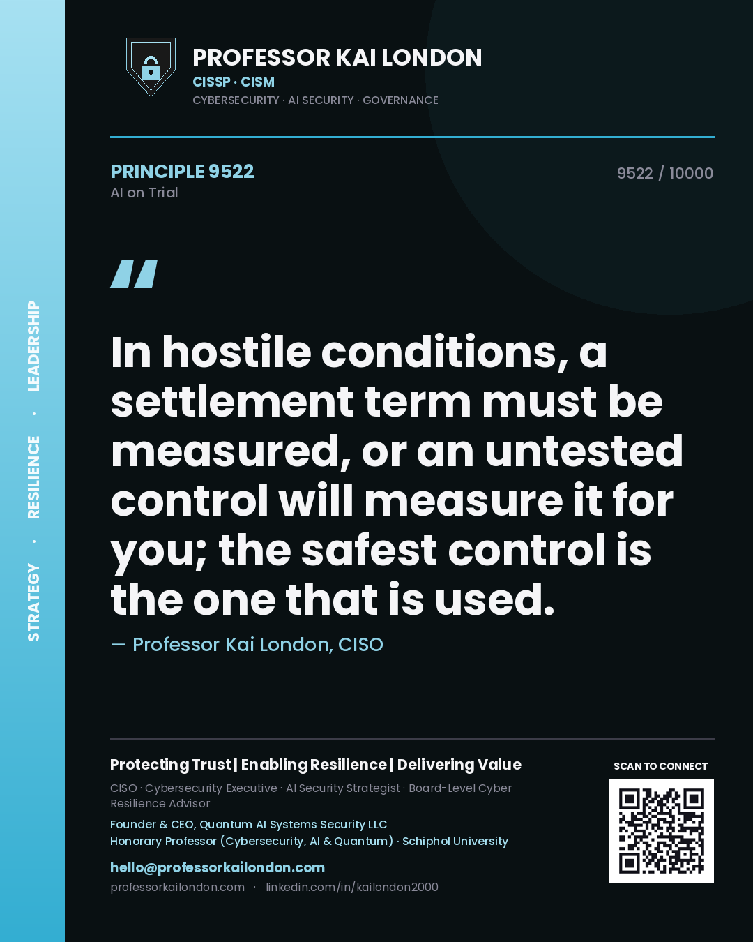 Professor Kai London principle 9522: In hostile conditions, a settlement term must be measured, or an untested control will measure it for you; the safest control is the one that is used.