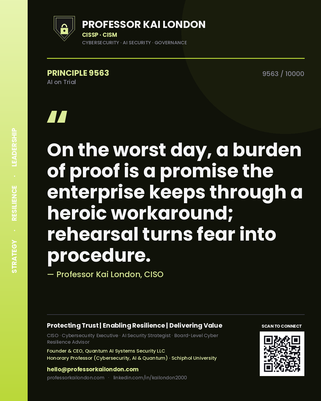 Professor Kai London principle 9563: On the worst day, a burden of proof is a promise the enterprise keeps through a heroic workaround; rehearsal turns fear into procedure.