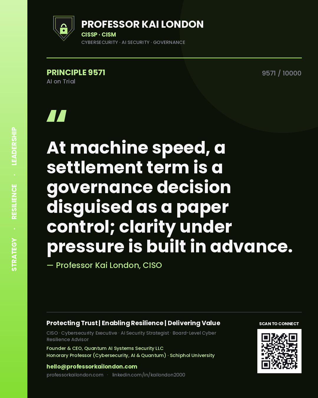 Professor Kai London principle 9571: At machine speed, a settlement term is a governance decision disguised as a paper control; clarity under pressure is built in advance.