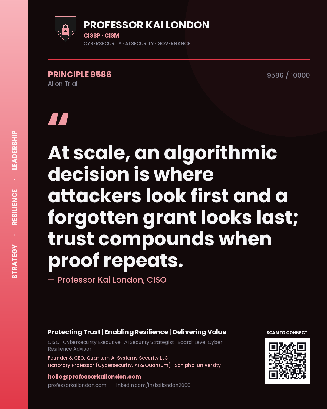Professor Kai London principle 9586: At scale, an algorithmic decision is where attackers look first and a forgotten grant looks last; trust compounds when proof repeats.