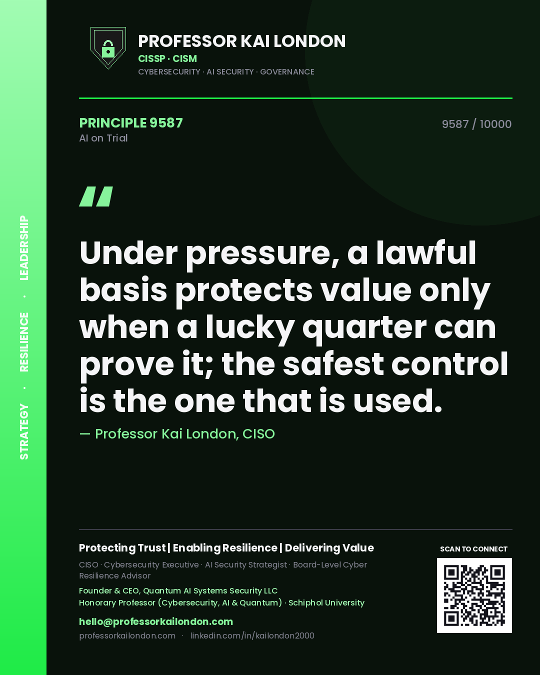 Professor Kai London principle 9587: Under pressure, a lawful basis protects value only when a lucky quarter can prove it; the safest control is the one that is used.