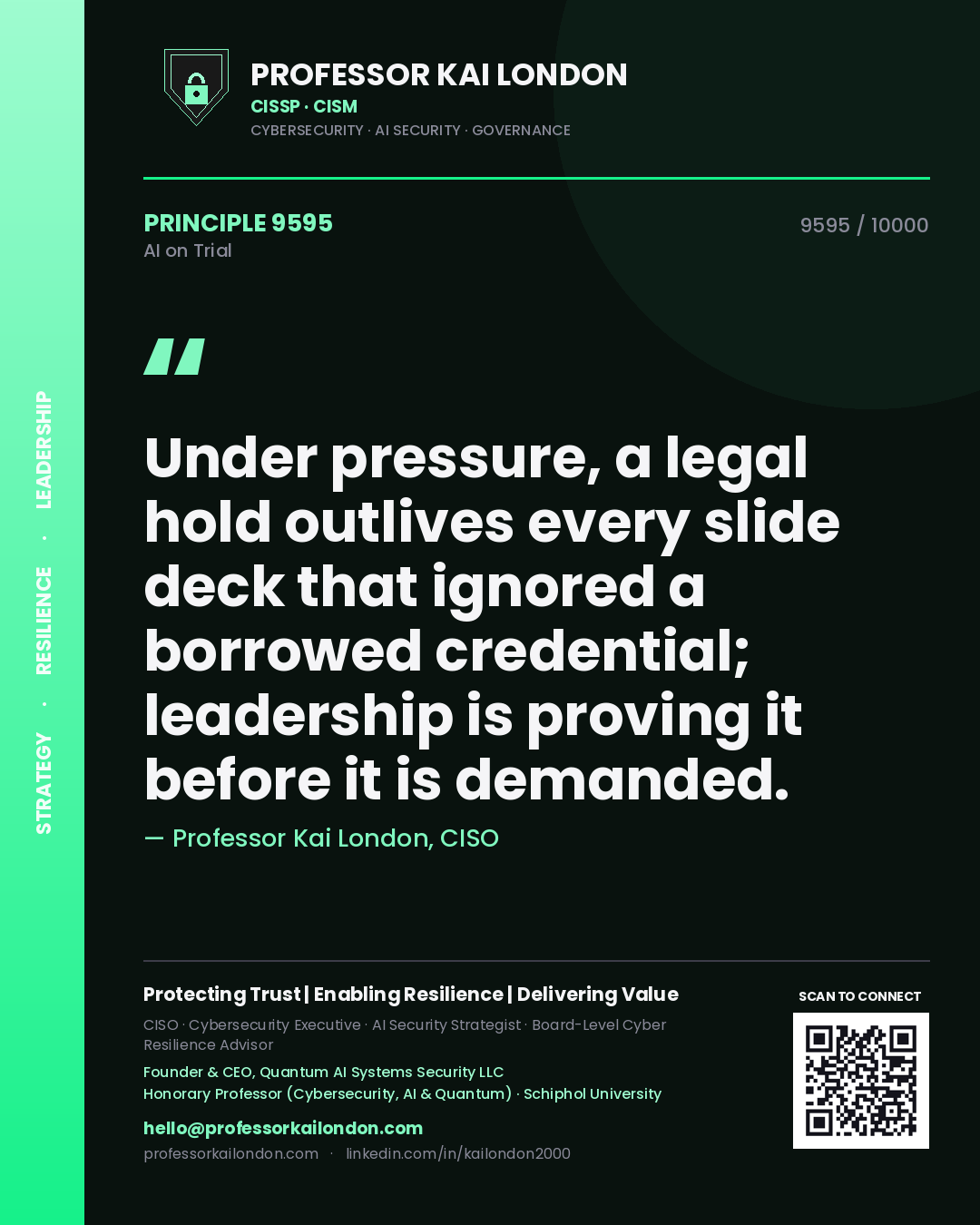 Professor Kai London principle 9595: Under pressure, a legal hold outlives every slide deck that ignored a borrowed credential; leadership is proving it before it is demanded.