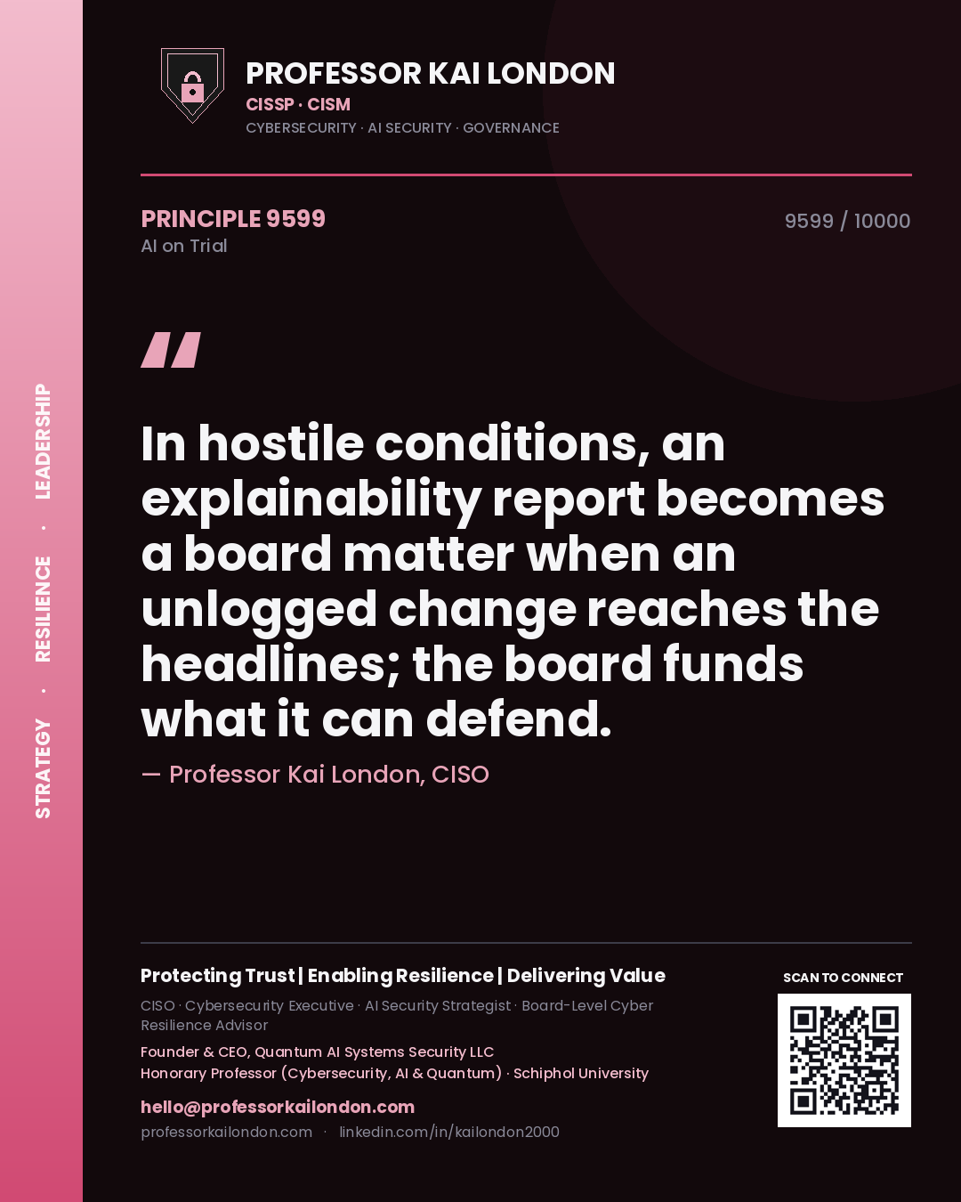 Professor Kai London principle 9599: In hostile conditions, an explainability report becomes a board matter when an unlogged change reaches the headlines; the board funds what it can defend.
