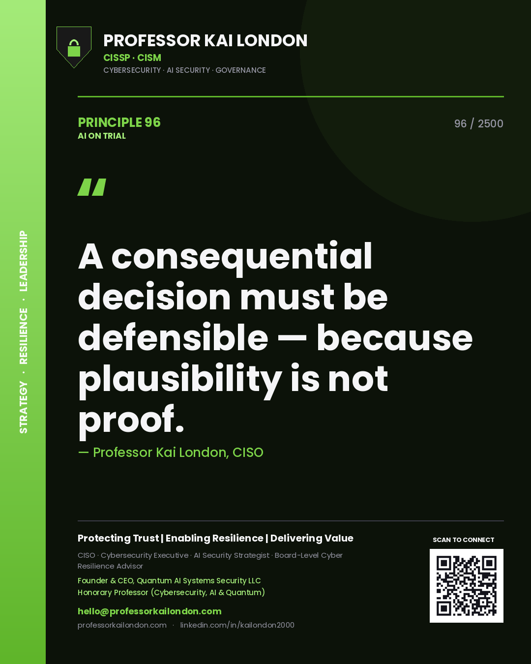 Professor Kai London principle 96: A consequential decision must be defensible — because plausibility is not proof.