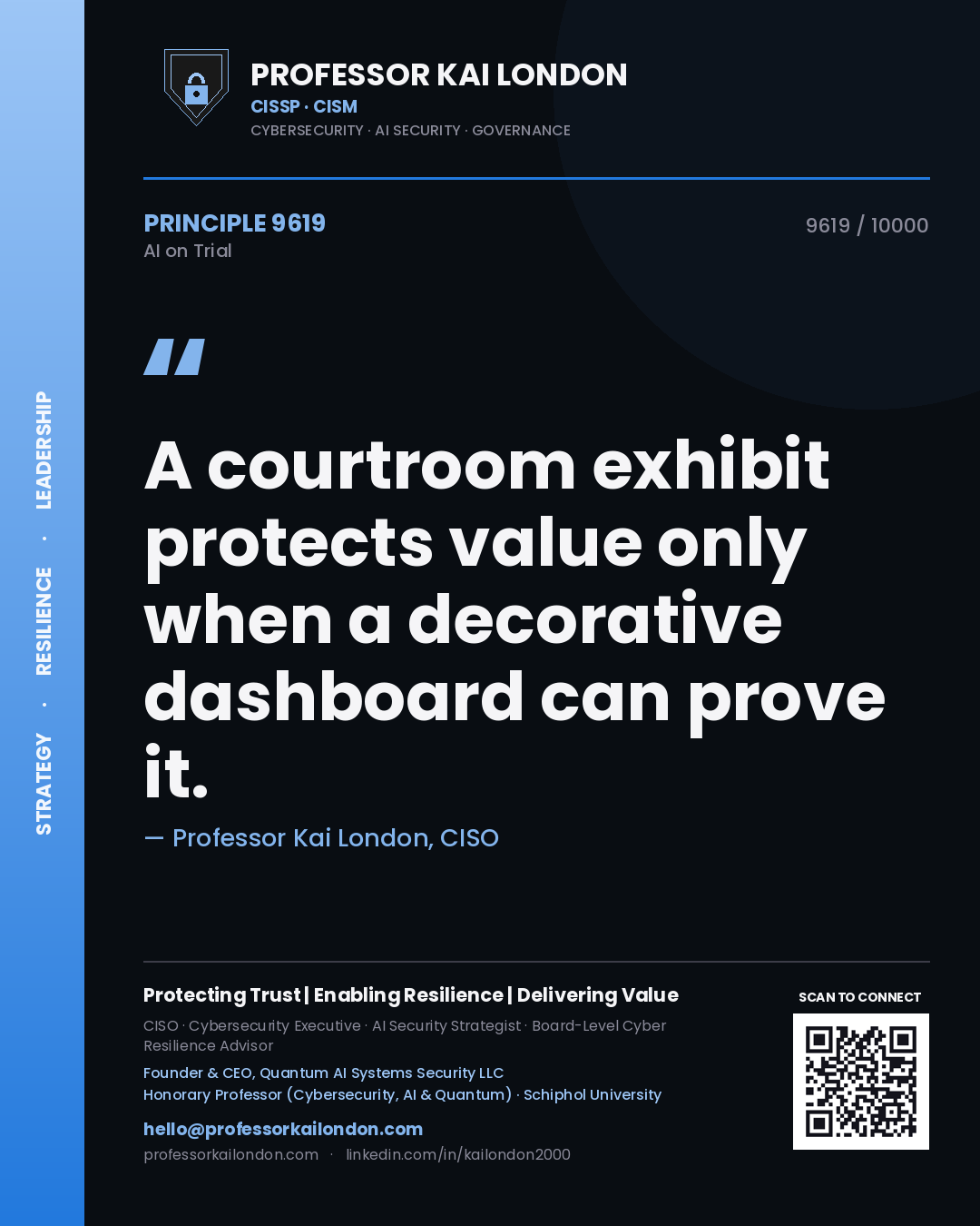 Professor Kai London principle 9619: A courtroom exhibit protects value only when a decorative dashboard can prove it.