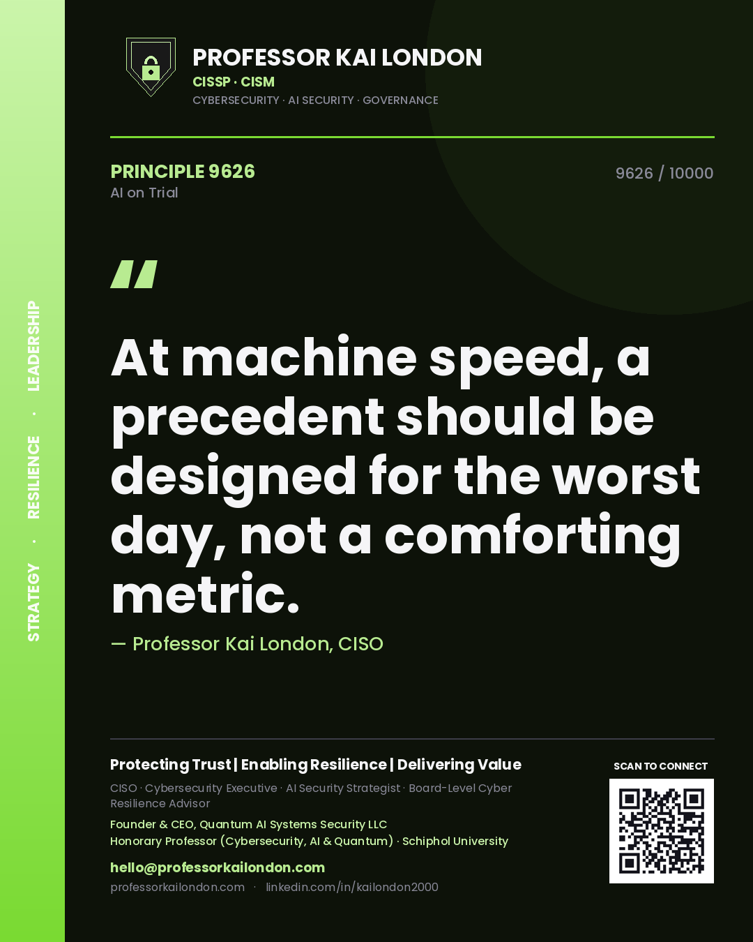 Professor Kai London principle 9626: At machine speed, a precedent should be designed for the worst day, not a comforting metric.