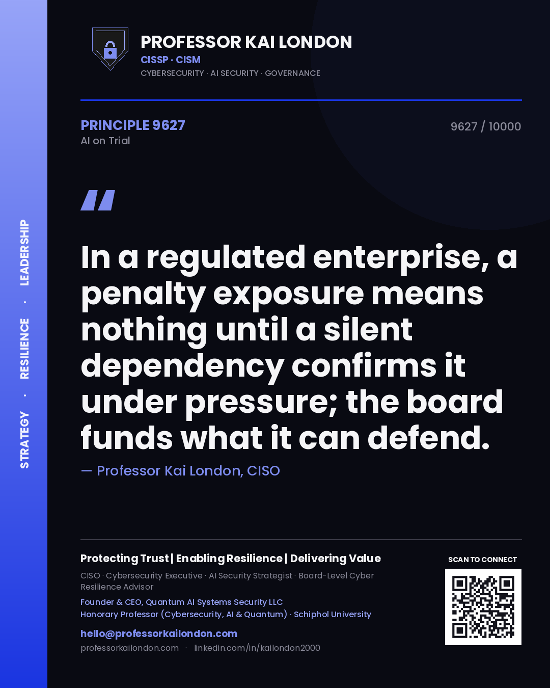 Professor Kai London principle 9627: In a regulated enterprise, a penalty exposure means nothing until a silent dependency confirms it under pressure; the board funds what it can defend.
