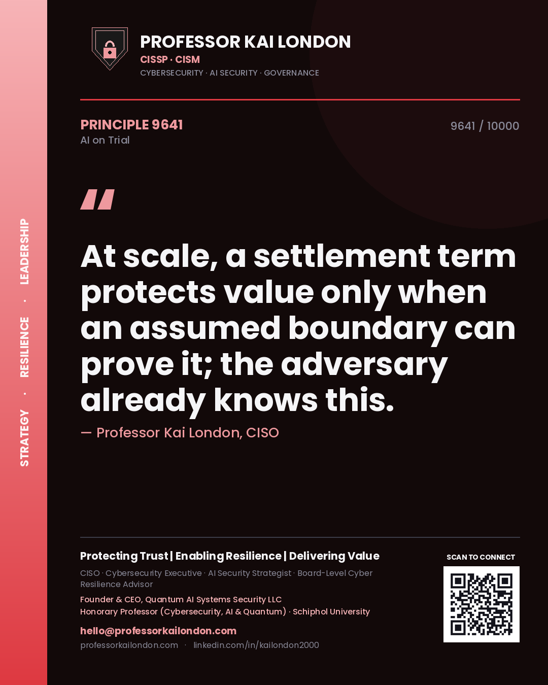Professor Kai London principle 9641: At scale, a settlement term protects value only when an assumed boundary can prove it; the adversary already knows this.