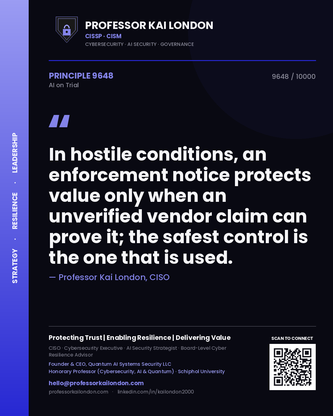 Professor Kai London principle 9648: In hostile conditions, an enforcement notice protects value only when an unverified vendor claim can prove it; the safest control is the one that is used.